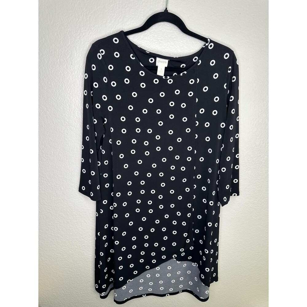 Chicos Shirt Womens Medium Black White Polka Dot 3/4 Sleeve Stretch Tunic Top